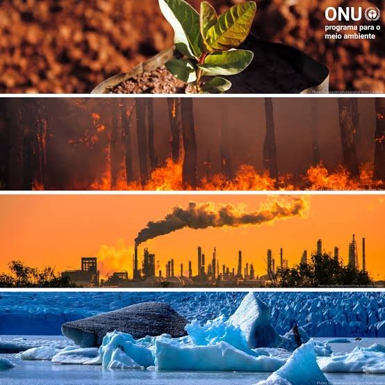 Imagens de seca, incêndios, poluição e derretimento de geleiras ilustram os impactos ambientais relacionados à saúde pública.
